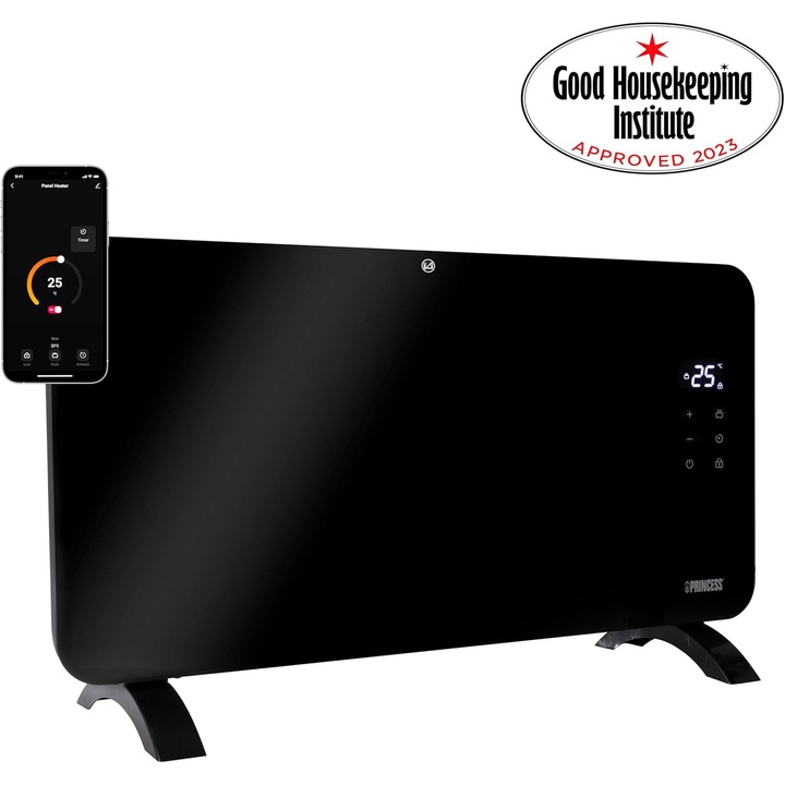 Convector Electric Princess Smart Glass 2000W Wi-Fi, Termostat Touch LED, Temporizator 24h, Montaj Perete sau Podea, IP24, Alb