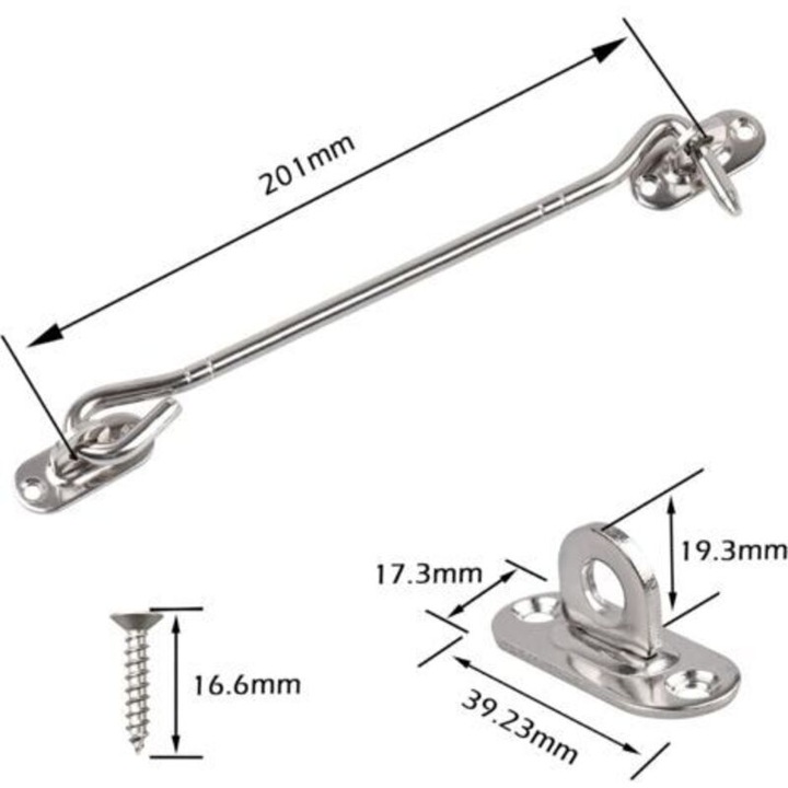 2 db rozsdamentes acél kampó, 20x3cm, csavarokkal, korrózióálló