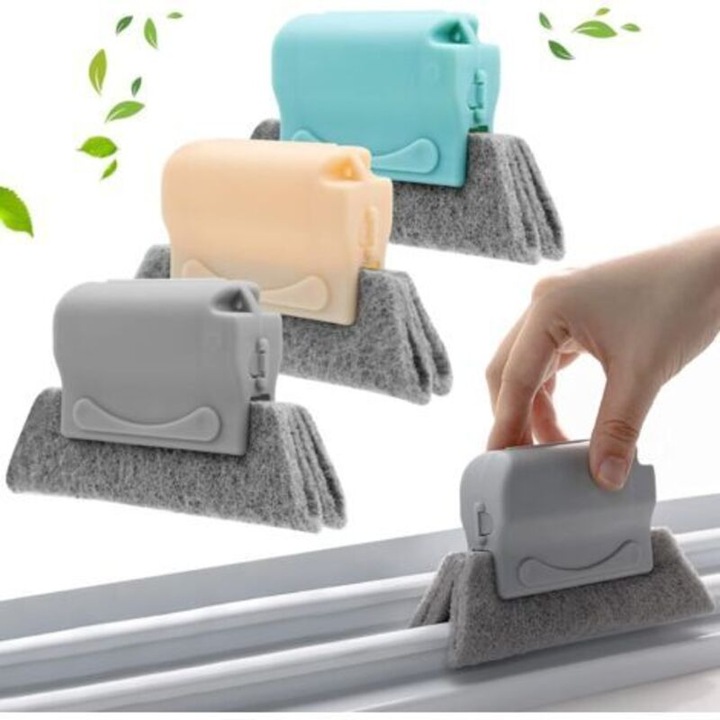 Set 3 perii curatare santuri ferestre, manere PP, burete, gri-bej-verde, 14x8.5x4.5cm