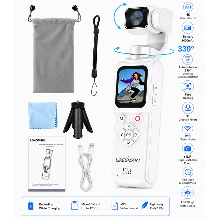 Camera Video Vlogging 4K "LikeSmart HandHeld Gimbal ActionCam", 64MP, Stabilizare Gimbal cu Face Tracking, Ecran Touch 1.72”, Zoom Digital 18X, WiFi, Webcam USB-C, Time Lapse, LED Fill Light, Rotire Automata 330°, Alb