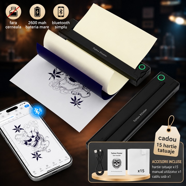 Excitat® A46 Hőnyomtató Tetoválásokhoz, Vezeték nélküli Bluetooth, 203 DPI HD, 2600mAh Akkumulátor, Hordozható, Tintamentes, Professzionális Stencil Transzfer, iOS/Android/PC Kompatibilis, Szerkesztő Alkalmazás, Fekete