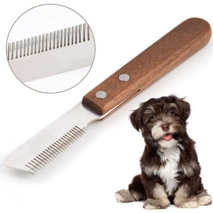 Cutit de tuns caini, ergonomic, lama inox, 25 dinti, maner lemn