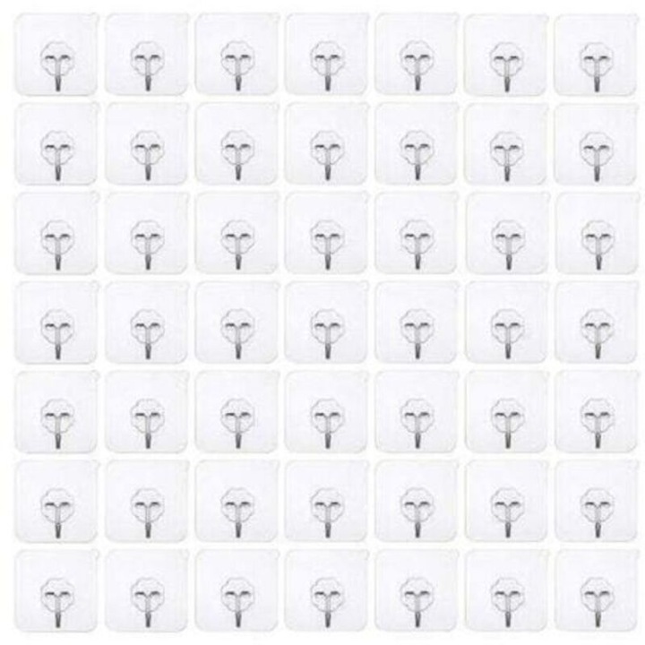 Set 50 carlige adezive transparente 6x6cm capacitate 6kg fara gaurire