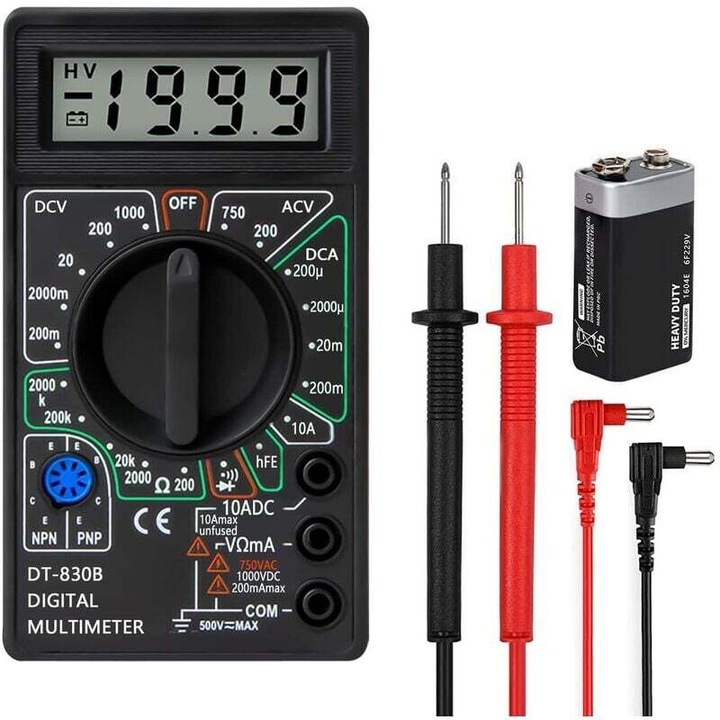Multimetru digital profesional, tester continuitate, voltmetru, ampermetru, ohmmetru, negru, 126x70x26mm