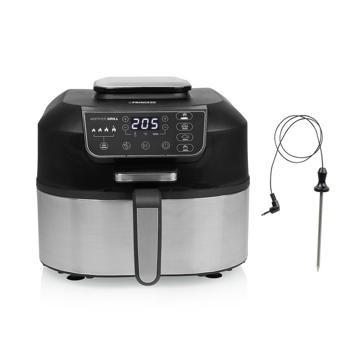 Princess Airfryer Grill 182092, Friteuza cu Aer Cald 5.6L 1760W, Gratar Electric 2 in 1, Termometru Inclus, 4 Programe, Inox