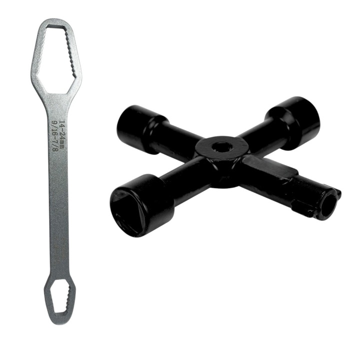 Cheie universala plata, tip torx, cu 2 capete, dimensiuni 08-13 / 14-24 mm, cu auto strangere, otel carbon, lungime 23 cm cu Cheie multifunctionala, tip 4 in1 - rotund 6mm/triunghiular 10 mm/ patrat 8mm/ patrat 10 mm -, pentru camine utilitati, negru