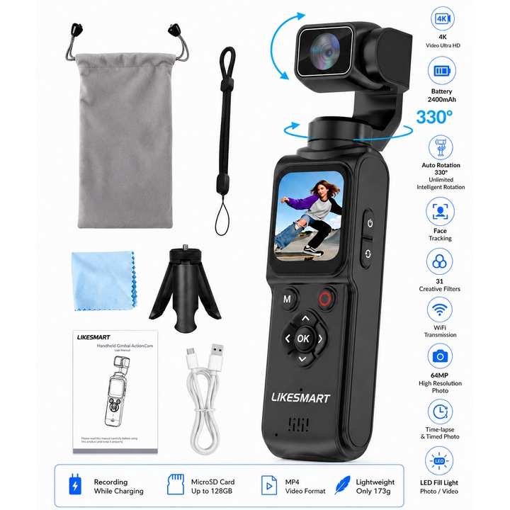 Camera Video Vlogging 4K "LikeSmart HandHeld Gimbal ActionCam", 64MP, Stabilizare Gimbal cu Face Tracking, Ecran Touch 1.72”, Zoom Digital 18X, WiFi, Webcam USB-C, Time Lapse, LED Fill Light, Rotire Automata 330°, Negru
