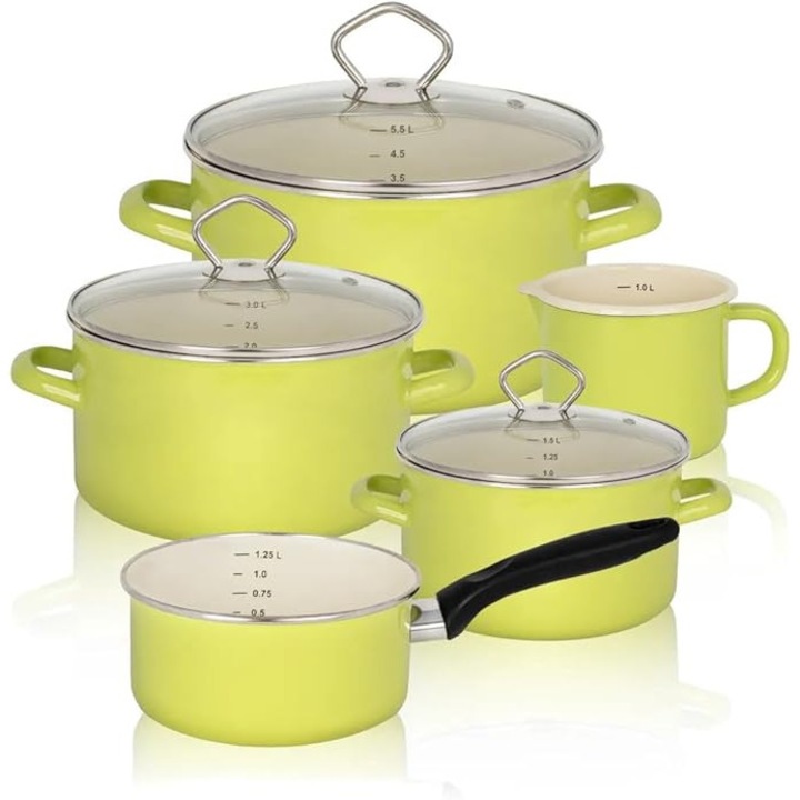 Set oale emailate Krüger Karl 89566PAG „Juist”, 5 piese, culoare verde pastel, email de bucatarie pentru gatit, set oale si cratite