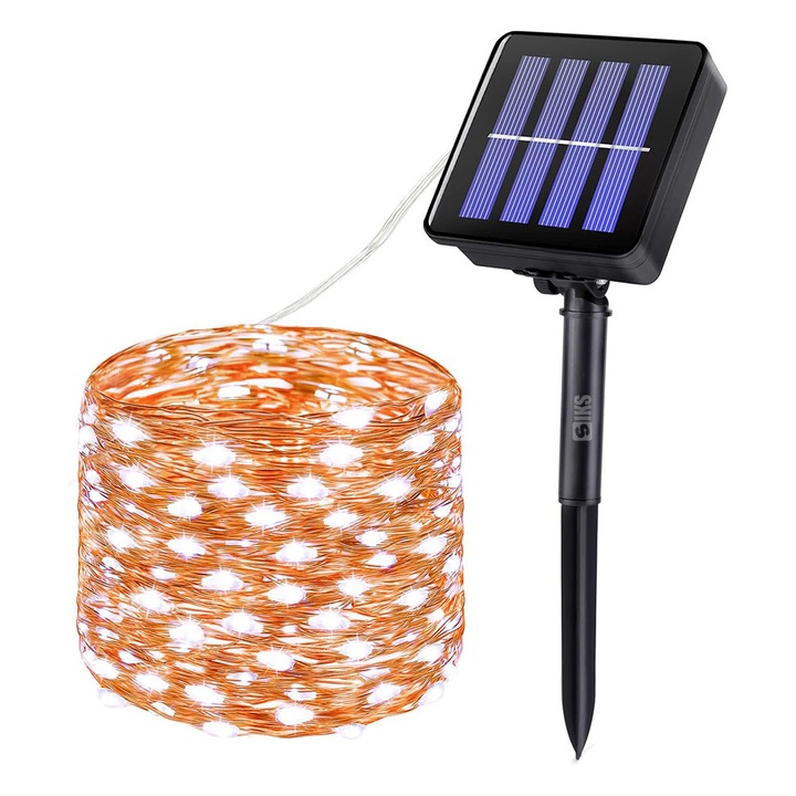 Instalatie de Craciun Solara Tip Liniar SIKS, Lumina Rece, 10 Metri, 100 LED-uri, Incarcare Panou Solar, Utilizare Interior/Exterior, Fir Cupru, Alb Rece