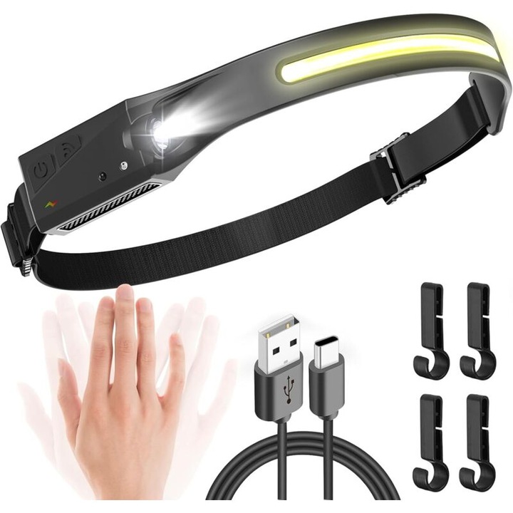 Újratölthető fejlámpa, LED fejlámpa 350 lumen, COB szalag és XPE oldalsó zseblámpa, mozgásérzékelő, 4 mód, IPX4, 1200 mAh USB-C akkumulátor, 2-8 óra üzemidő, 300 m hatótáv, 80 g, fekete/sárga, 1 db