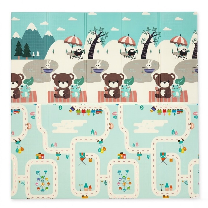 Covor de joaca pentru copii XXL, pliabil si cu doua fete, 200x180 cm, educativ, gros, impermeabil, model Litere si Animale