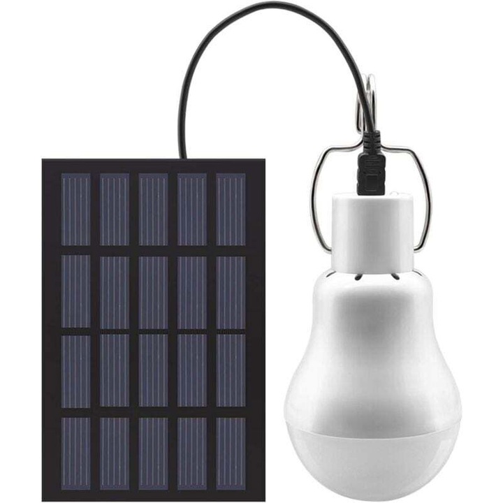 Bec LED solar portabil, metalic, alb, 10x15cm