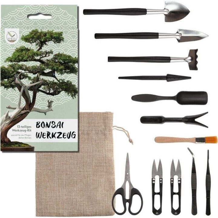 Set unelte bonsai 13 piese, accesorii mini gradinarit, geanta depozitare