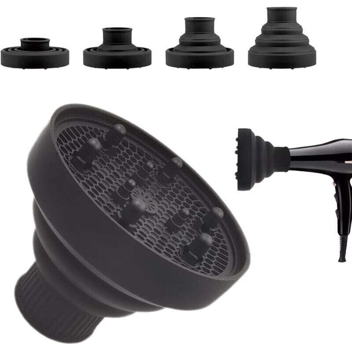 Difuzor par silicon pliabil 13.8x5cm negru pentru uscator 4.2-4.8cm