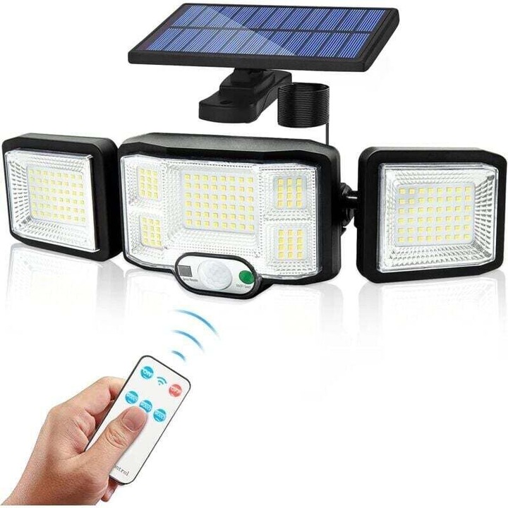 Lampa solara de perete cu 3 spoturi, 192 LED, senzor miscare, IP65, alb rece, 2-4m