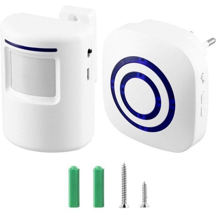 Sonerie wireless cu receptor si senzor PIR, 38 melodii, volum reglabil, alb, 70x7m