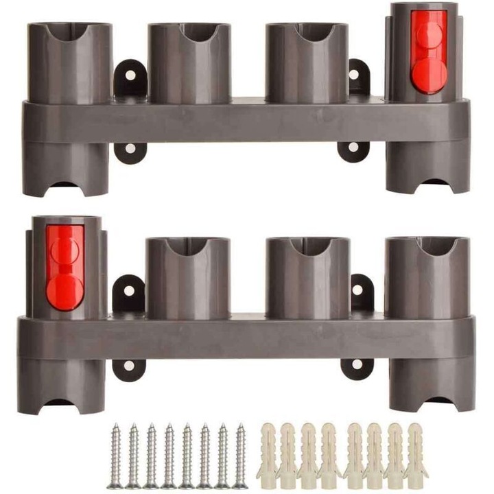 Suport perete pentru aspirator, 10 sloturi, set 2 buc, negru