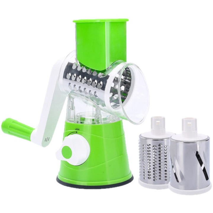 Razatoare rotativa manuala pentru legume (mandolina) 3 in 1, 3 lame din otel inoxidabil interschimbabile, fara BPA, ventuza de fixare stabila, lavabila in masina de spalat, verde, 1 buc