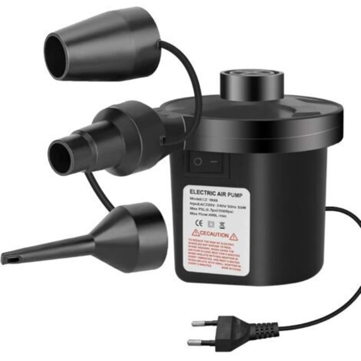 Elektromos légpumpa, 3 fúvóka, 50W teljesítmény, hordozható, fehér, 20x10x10cm