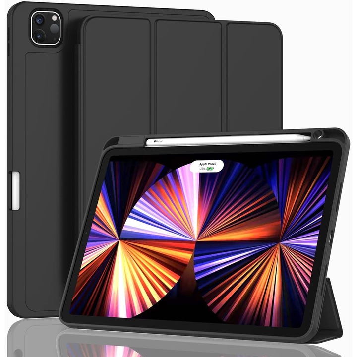 Tok iPad Pro 11 (M5) 2025, iPad Pro 11 (M4) 2024 készülékhez, S Pen tartóval, műbőr, Smart Cover – Fekete