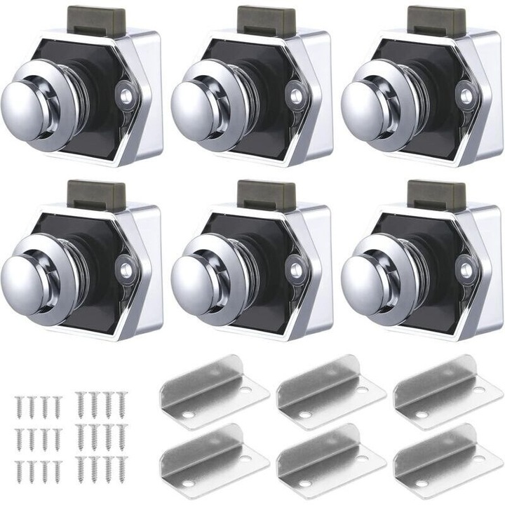 Set 6 incuietori buton, fara cheie, zinc si ABS, argintiu, 15-20mm