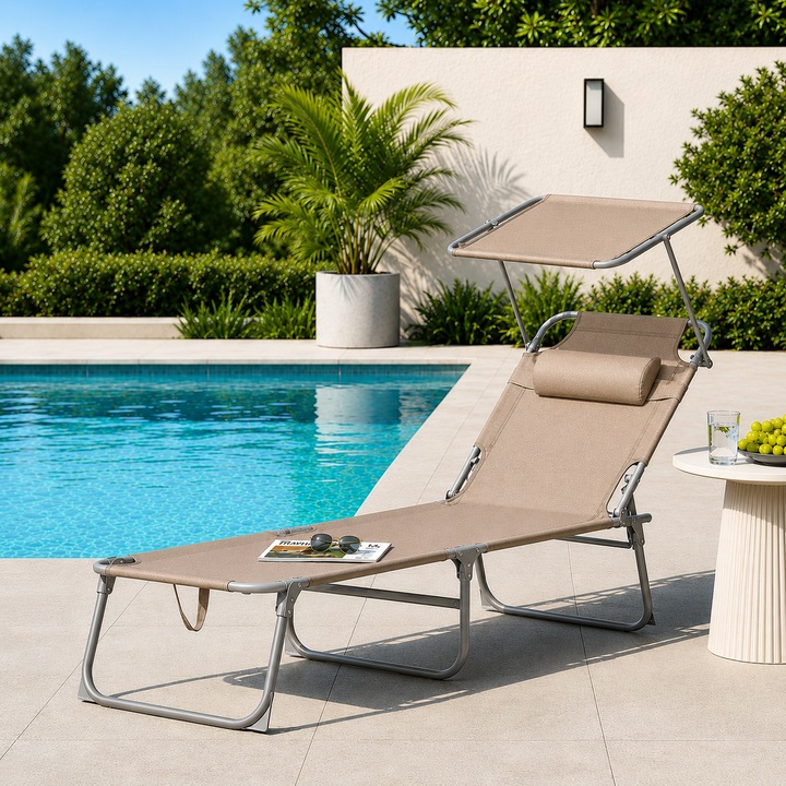 Sezlong Pliabil de Gradina / Plaja Sunny Day Talis cu Parasolar Reglabil, 4 Pozitii, Suport 150 kg, Bej, 193 x 53 x 29 cm