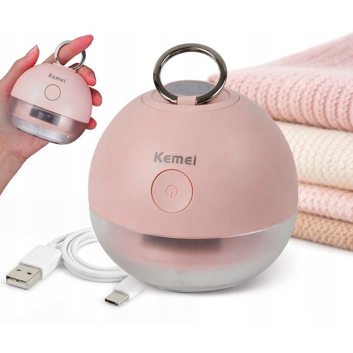 Aparat de ras pentru haine Kemei KM-718, acumulator, roz pastel, set