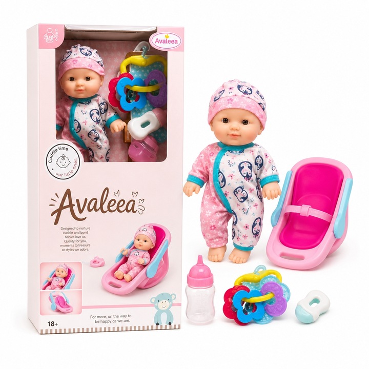 Baba baba kosárral gyerekeknek, babaszett szállítószékkel és játékkiegészítőkkel, interaktív baba szerepjátékokhoz, játékbaba a képzelet fejlesztéséhez és kreatív játékhoz, 18 hónap+, többszínű