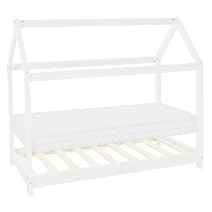 Детско легло с ламели, ML-Design, 165,5 x 132 x 88,5 см, бяло, масивна борова дървесина, идеално за деца от 3 до 10 години, матрак от студена пяна 160 x 80 x 11 см, перящ се