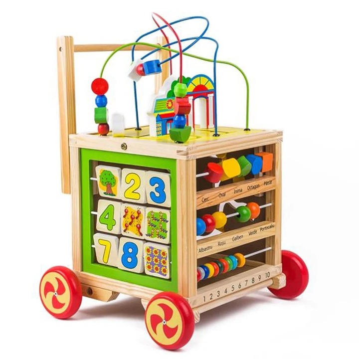 Antepremergator Multifunctional din Lemn 6 in 1 Stuniko® Cub Educativ Centru de Activitati Interactive, Abac, Ceas, Labirint, Jucarie Montessori Educativa si Motrica, Roti Cauciucate, 12 luni+