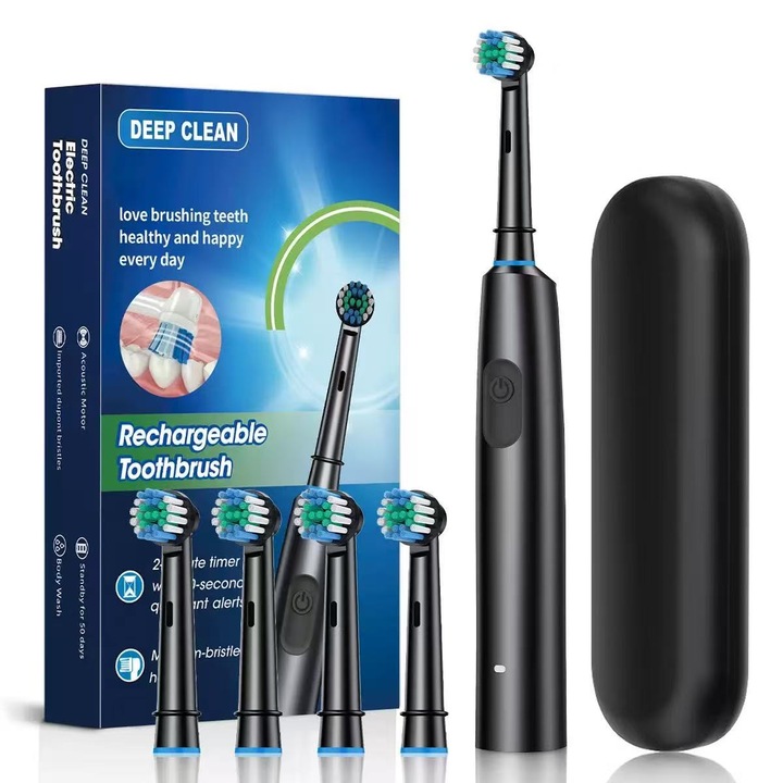Periuta de Dinti Electrica Sonica Profesionala, Reincarcabila USB Type-C, 5 Moduri de Curatare, 65000 Vibratii/Minut, Rotatie Dubla 25°, IP67 Waterproof, Timer Inteligent 2 Min, 4 Capete incluse, Baterie 600mAh, Negru