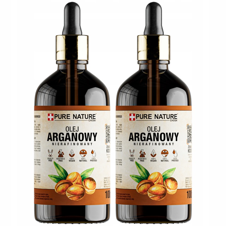 Argánolaj szett, Chosa, Pure Nature, 2 x 100 ml, 100% természetes, hidegen sajtolt, finomítatlan, hajregeneráló, ránctalanító