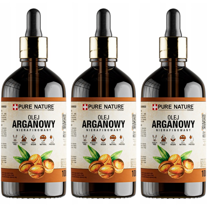 Argánolaj szett, Chosa, Pure Nature, 3 x 100 ml, 100% természetes, finomítatlan, hidegen sajtolt, haj-, arcbőr-, körömregeneráló