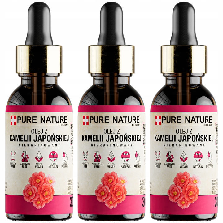 Japán Kamélia Olaj Szett, Chosa, Pure Nature, 3 x 30 ml, Pipetta, Természetes, Szűretlen, Hidegen Sajtolt, Kozmetikai Használatra