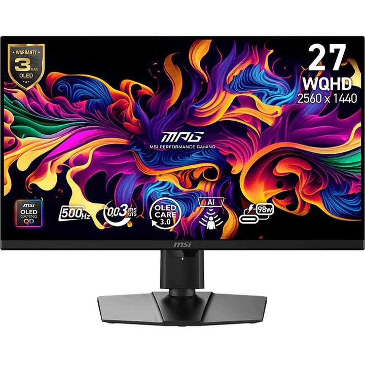 MSI MPG 271QR QD-OLED X50 monitor, 26.5", QD-OLED, 2560x1440, USB Type-C DisplayPort funkcióval, 1 x USB 2.0 Upstream, 2 x USB 2.0 Downstream, 1 x Audio Out, 1 x HDMI 2.1, 1 x DisplayPort 2.1a