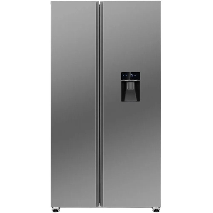 Frigider side by side cu dispenser apa Bomann, capacitate totala 439 litri, H 177 cm, congelator 4 stele, capacitate rezervor apa 2.5 litri, volum frigider 288 litri, volum congelator 151 litri, Total No Frost, Mod Eco/Vacanta, control temperatura, inox