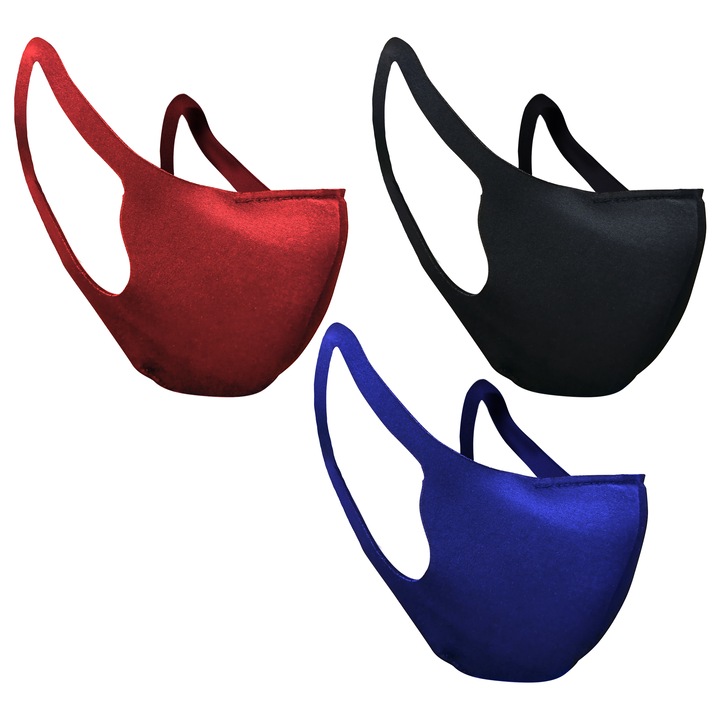 Set 3 masti de protectie reutilizabile din neopren respirabil, cu filtru triplu strat, OEKO-TEX, Rosu/Negru/Albastru