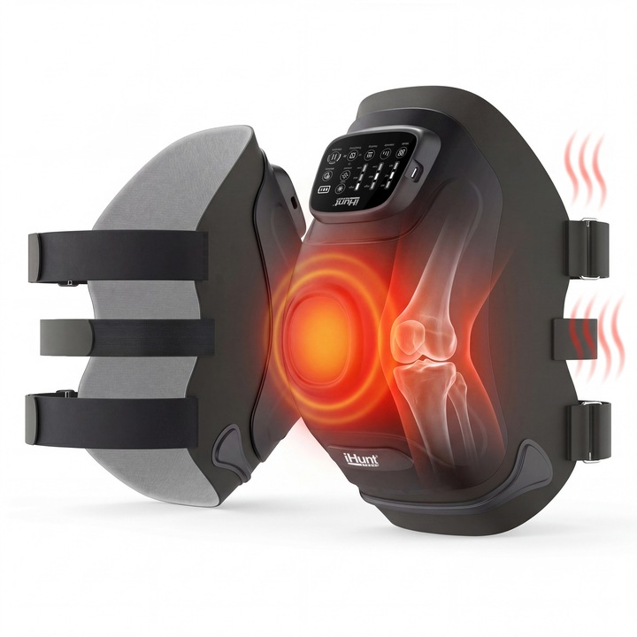 Aparat de masaj pentru genunchi si articulatii iHunt SPA KneeRestore, Compresie cu aer, Vibratii, Terapie prin caldura, Ecran Touch, Reincarcabil, Black