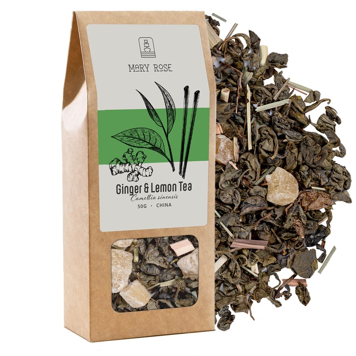 Zöld Tea Gunpowder Ginger & Lemon, Mary Rose, Kína, Kandírozott Gyömbérrel És Citromhéjjal, Kiváló Minőség, Prémium Szelekció, Hagyományos Eljárás, Melengető Íz, 50 g