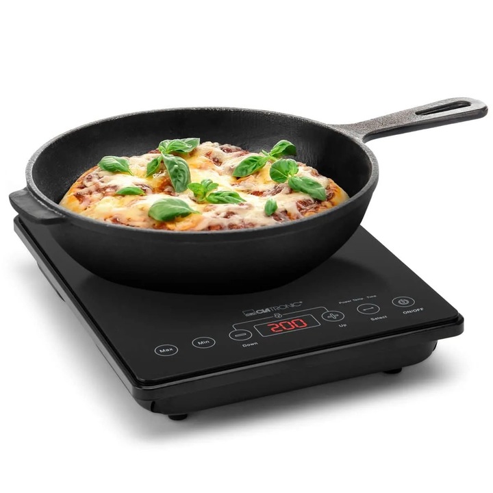 Clatronic indukciós elektromos főzőlap, 29 cm széles, 1 főzőzóna, 10 teljesítményszint, állítható hőmérséklet (60°C–240°C), Ø12-24 cm-es edényekhez alkalmas, melegen tartó funkció, időzítő (180 perc), túlmelegedés elleni védelem, fekete