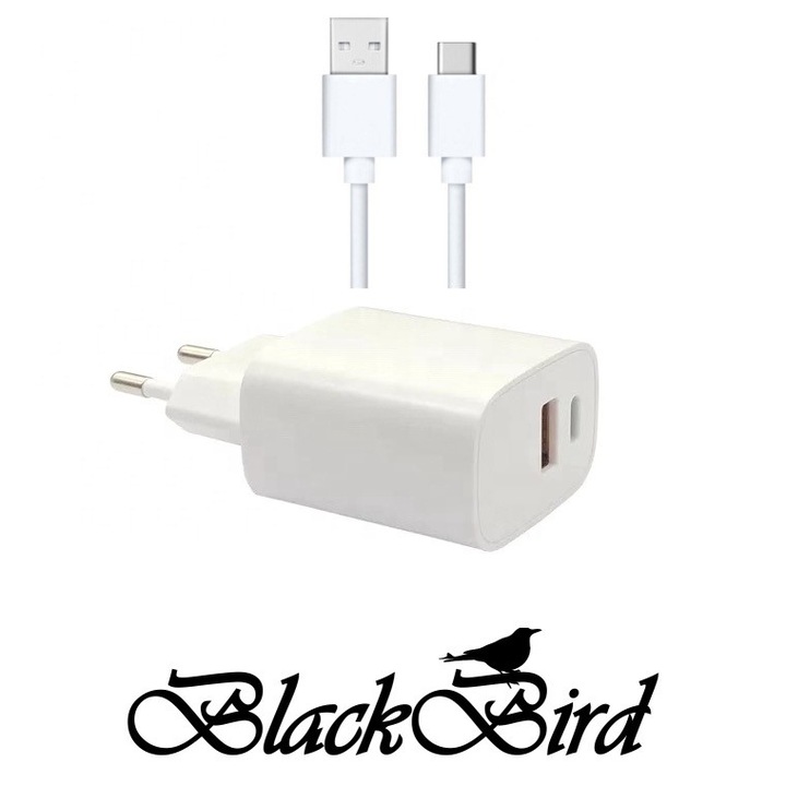 BH1662 BLACKBIRD Hálózati Adapter T131 25W + Type-C kábel 1m, Fehér