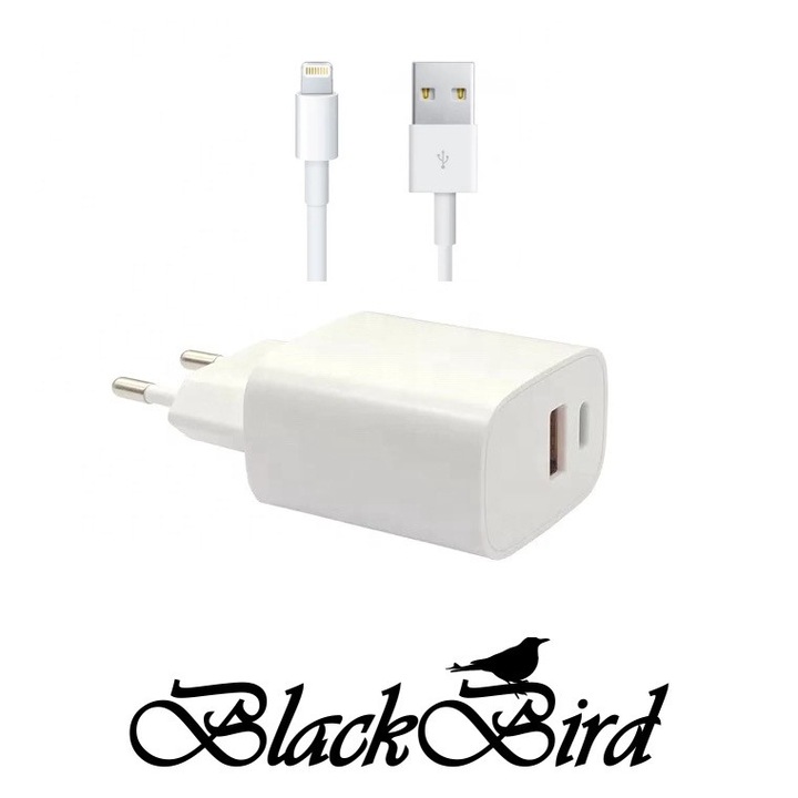 BH1657 BLACKBIRD Hálózati Adapter T131 25W + Lightning kábel 1m, Fehér