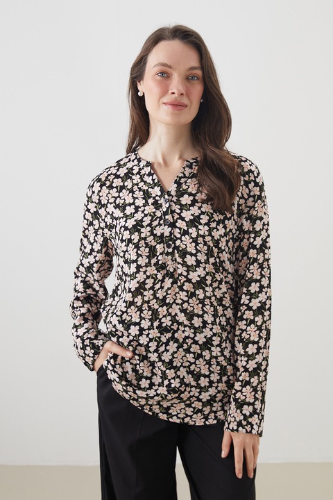 LC WAIKIKI, Bluza lejera cu imprimeu floral, Negru/Bej deschis