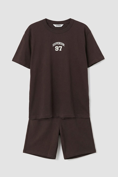 LC WAIKIKI, Set de pantaloni scurti si tricou cu imprimeu - 2 piese, Maro inchis, 152-158 CM