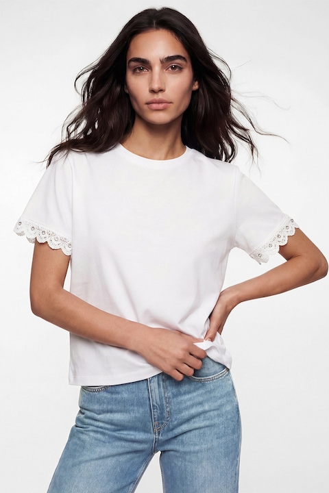 LC WAIKIKI, Tricou din bumbac cu mansete de dantela, Alb optic