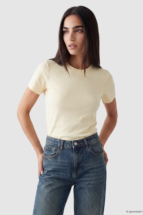 LC WAIKIKI, Tricou uni cu croiala slim-fit, Crem