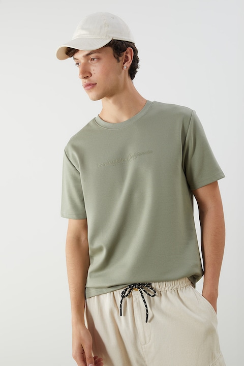 LC WAIKIKI, Tricou cu decolteu la baza gatului si imprimeu text, Kaki
