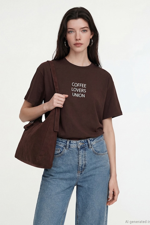 LC WAIKIKI, Tricou de bumbac cu imprimeu text, Alb/Maro inchis