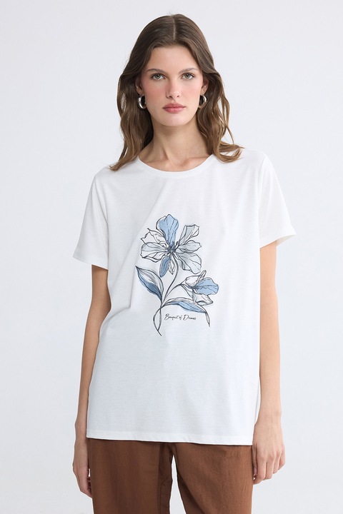 LC WAIKIKI, Tricou cu decolteu la baza gatului si imprimeu, Alb optic/Albastru deschis