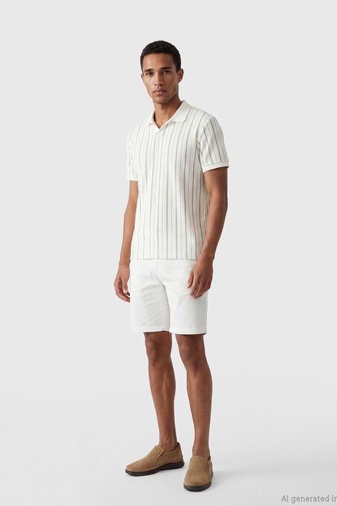 LC WAIKIKI, Tricou polo cu decupaj in V, Alb fildes/Kaki